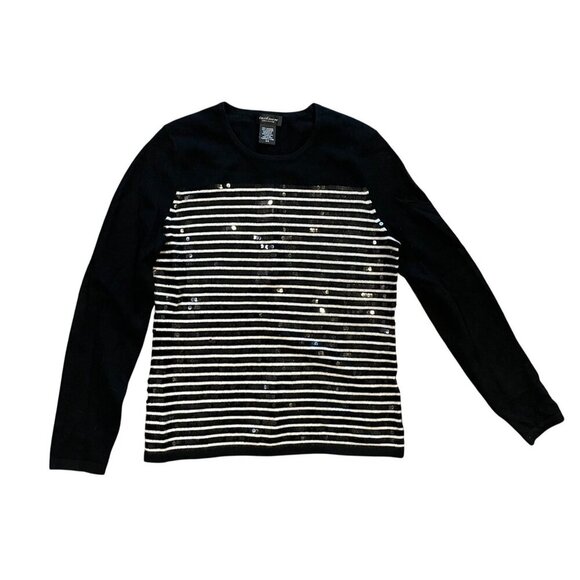 Lord & Taylor Cashmere Sweater, Black w/ white stripes, sequins, size M - Picture 1 of 9